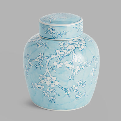 Light blue hand-painted chinoiserie porcelain lidded jar - stylish home accent (Image1).