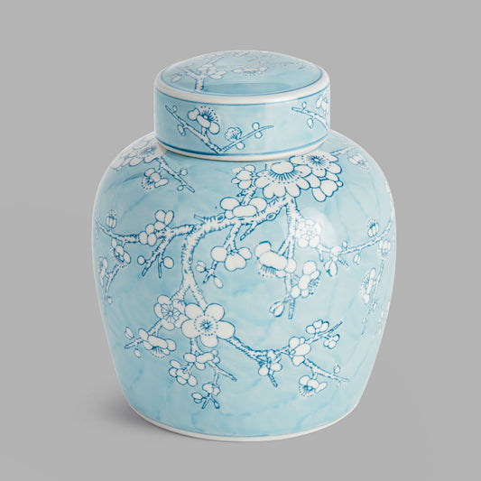 Light blue hand-painted chinoiserie porcelain lidded jar - stylish home accent (Image1).