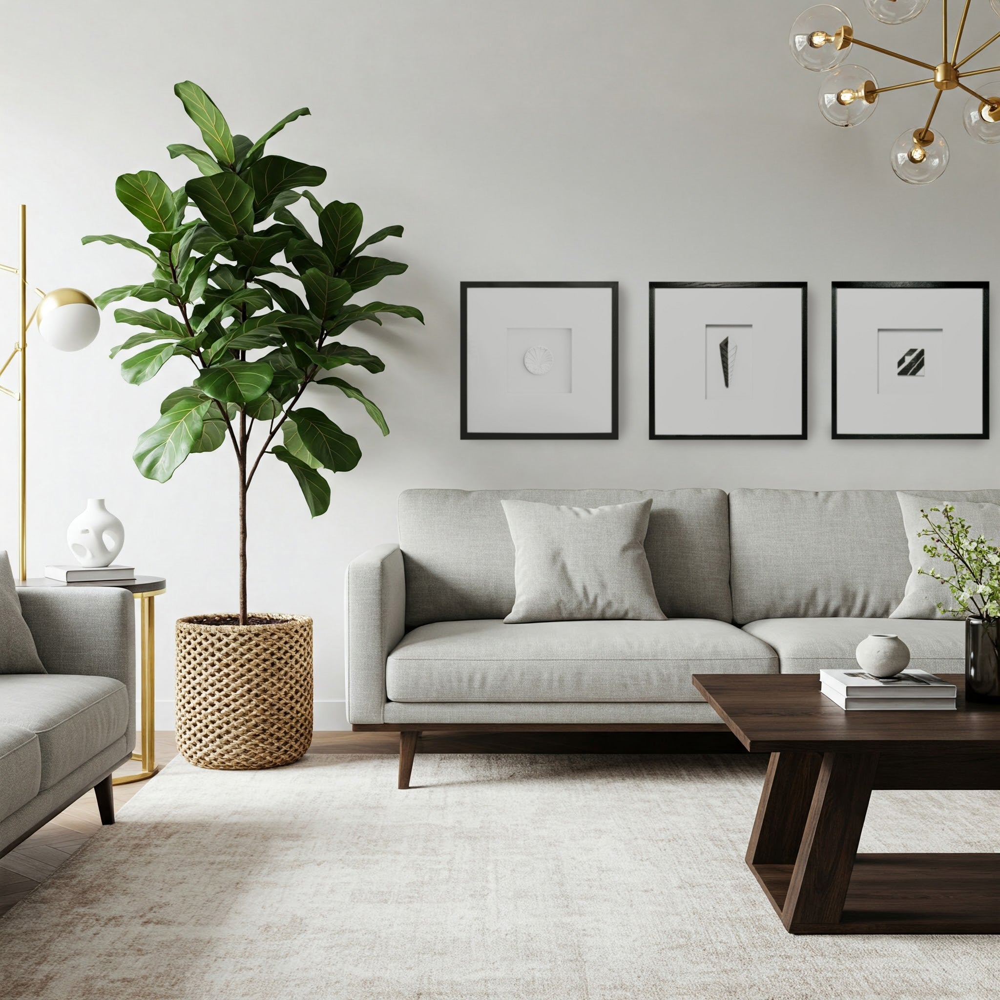 Stylized living room with sofa, coffee table, plant, and paper kite collection artwork.