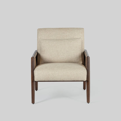 Beige armchair with cane arms and wooden frame on a light gray background.