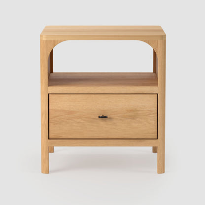 Wooden nightstand with a drawer on a white background