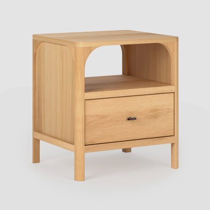 Wooden nightstand with a drawer on a white background