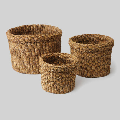 Natural seagrass round baskets with cuffs (set of 3) - stylish home accent (Image1).