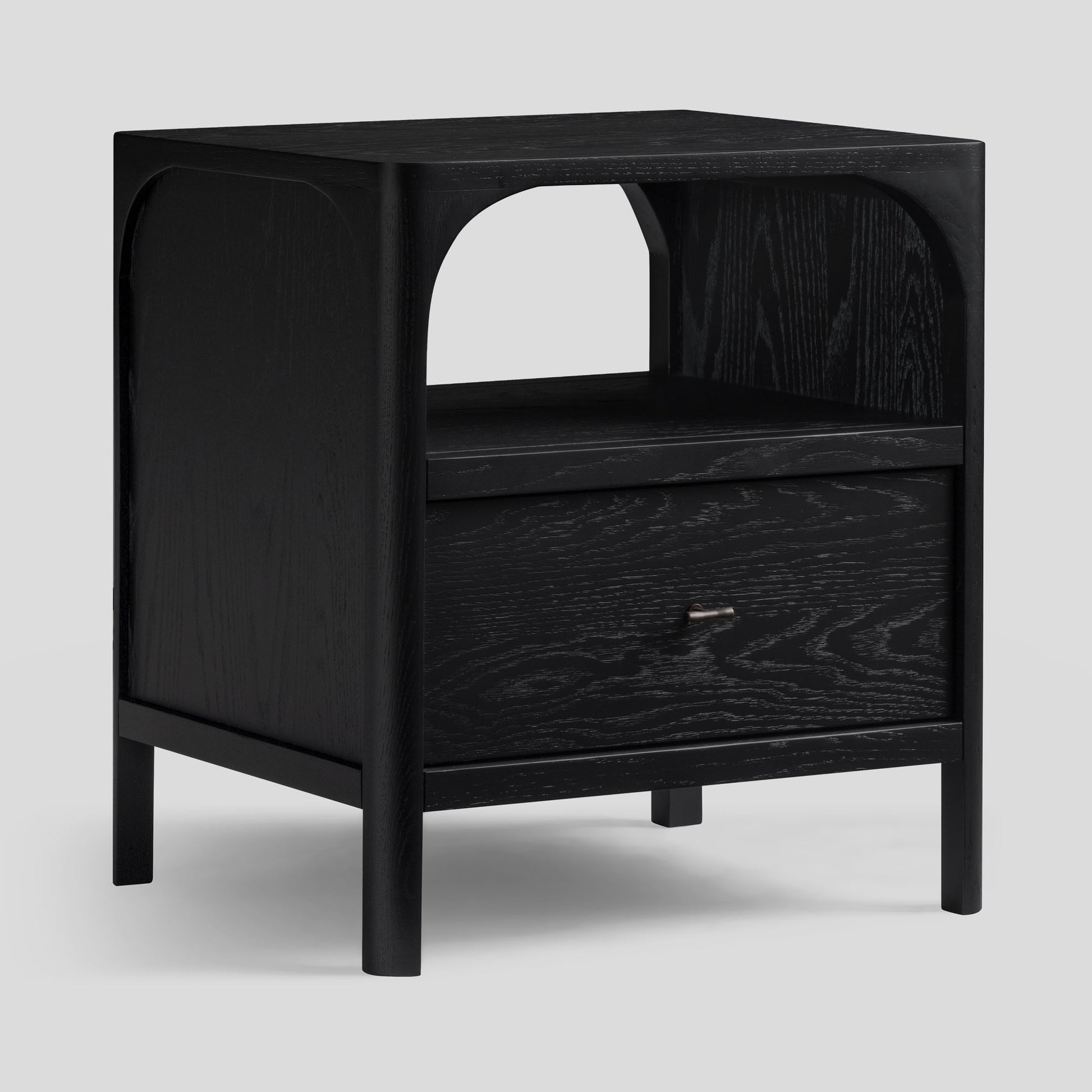 Black nightstand with a drawer on a white background