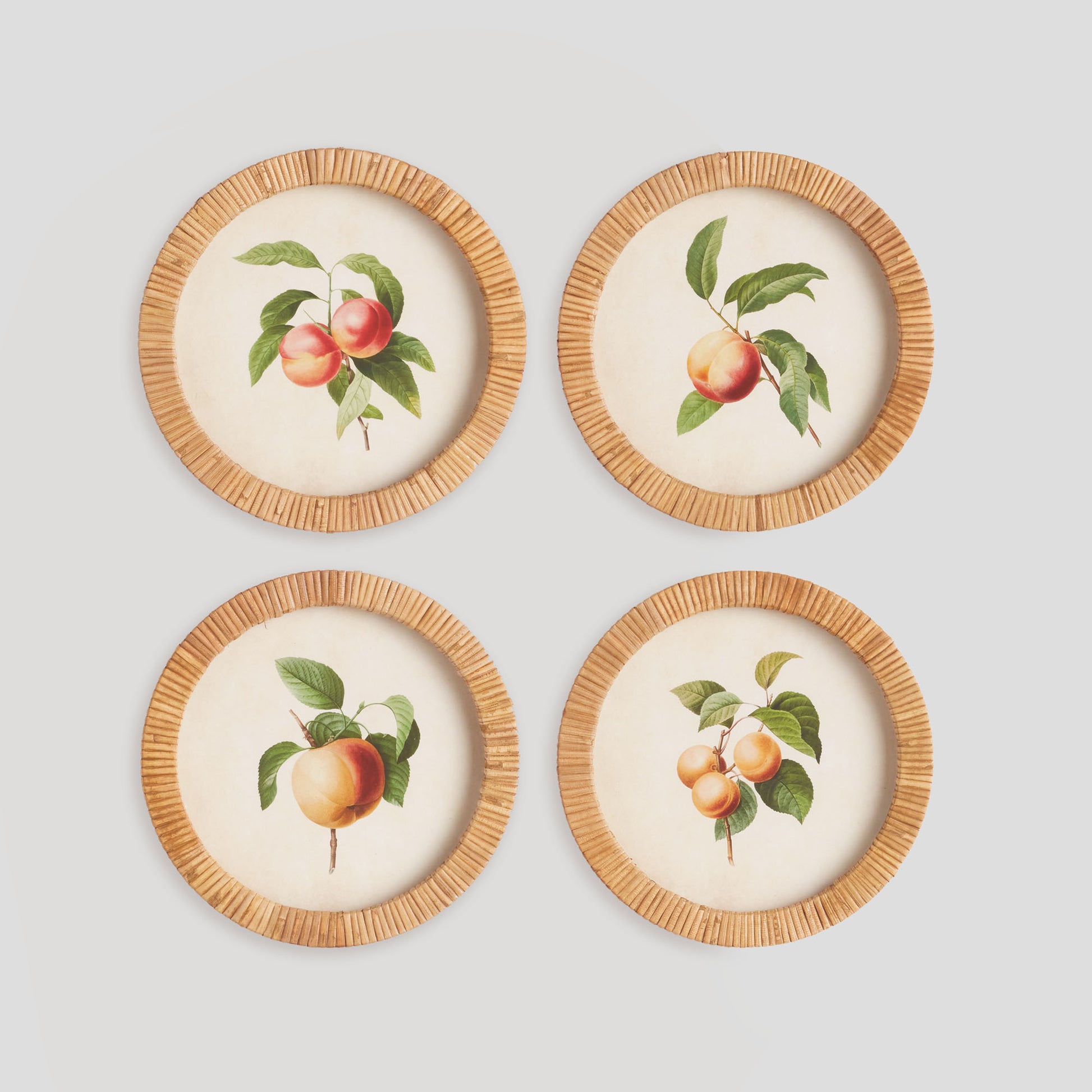 Peach rattan wrapped round framed prints (set of 4) - stylish home accent (Image1).