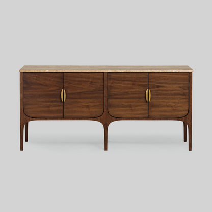 Wood sideboard with travertine stone top on light gray background.