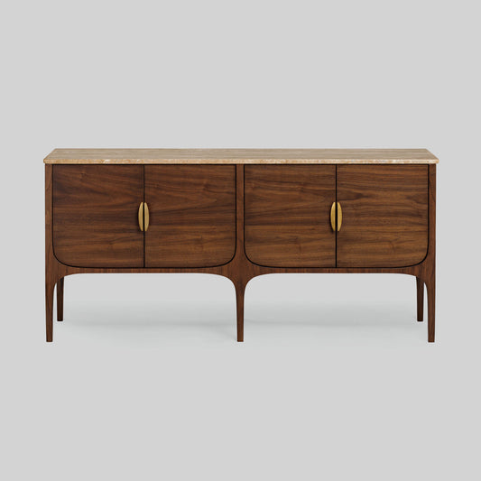 Wood sideboard with travertine stone top on light gray background.