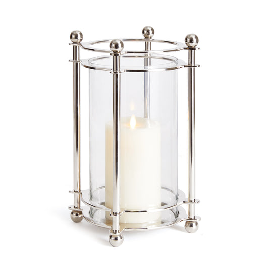 Polished chrome finial candleholder, small, with white background.