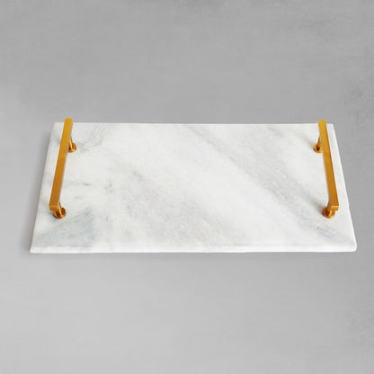 Rectangular marble serving tray with brass accents, top view, with gray background.