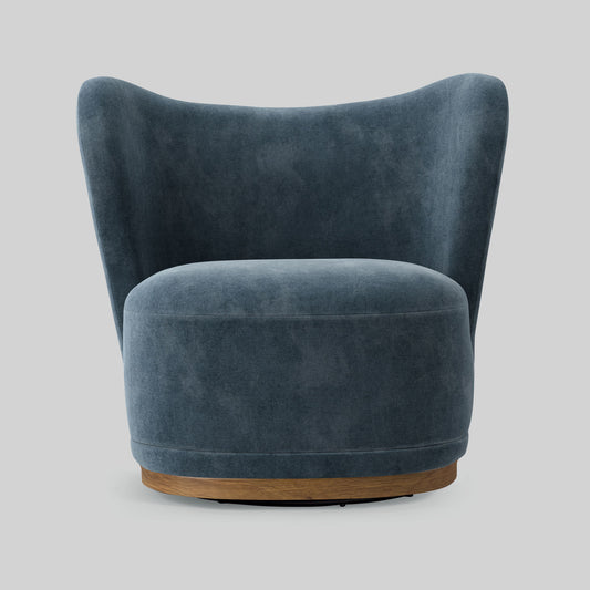Blue swivel chair with wooden base on a light gray background.