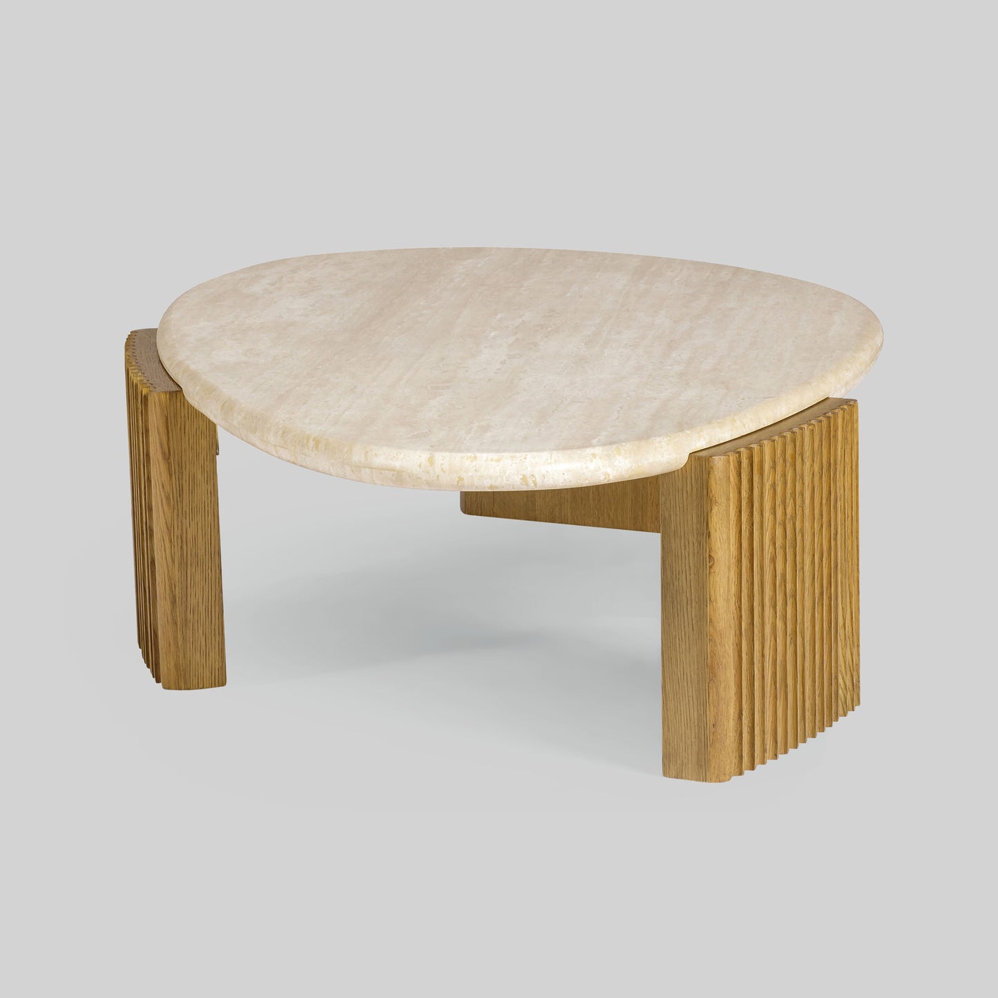 Contemporary light oak coffee table with marble top and wooden fluted base on a gray background.