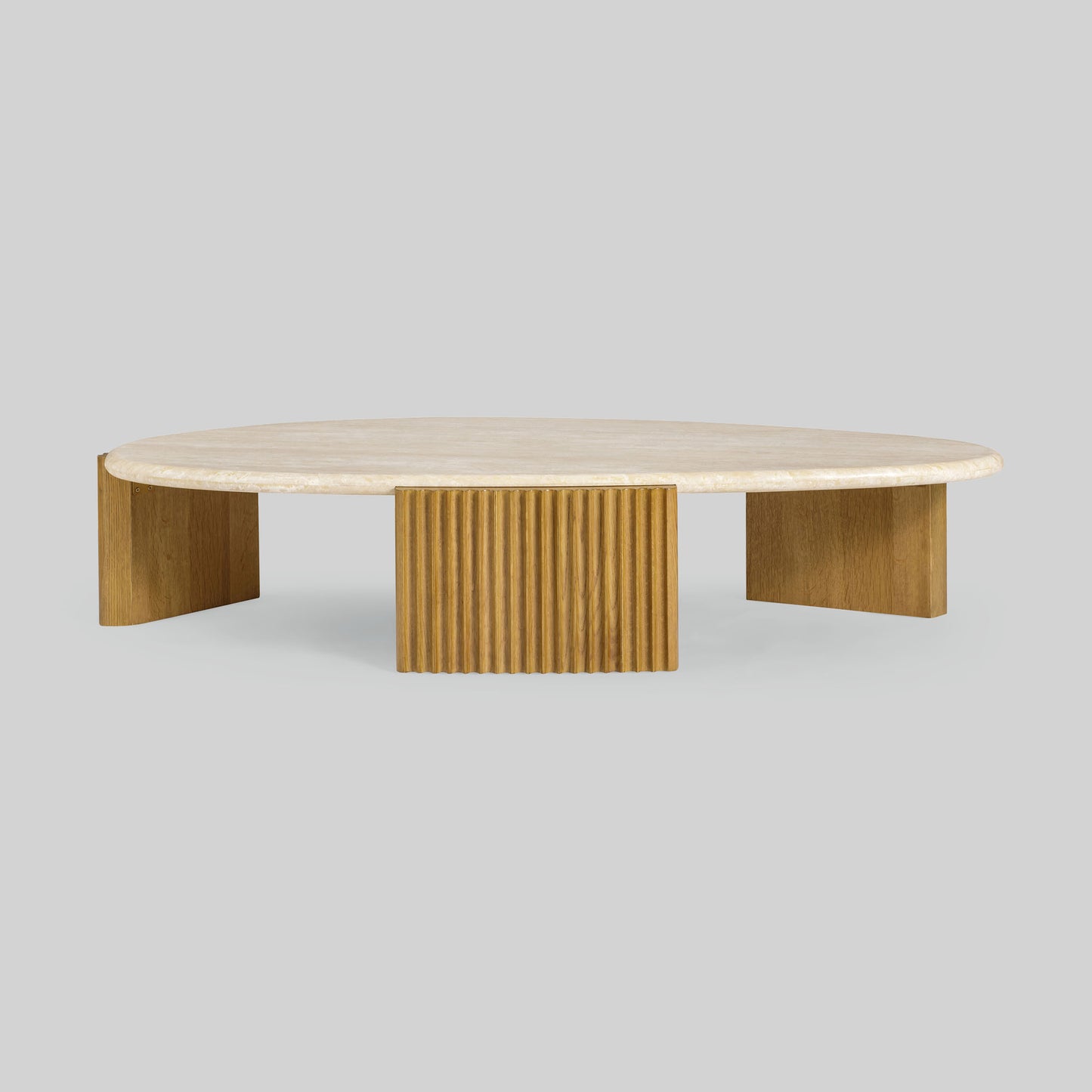 Contemporary light oak coffee table with marble top and wooden fluted base on a gray background.