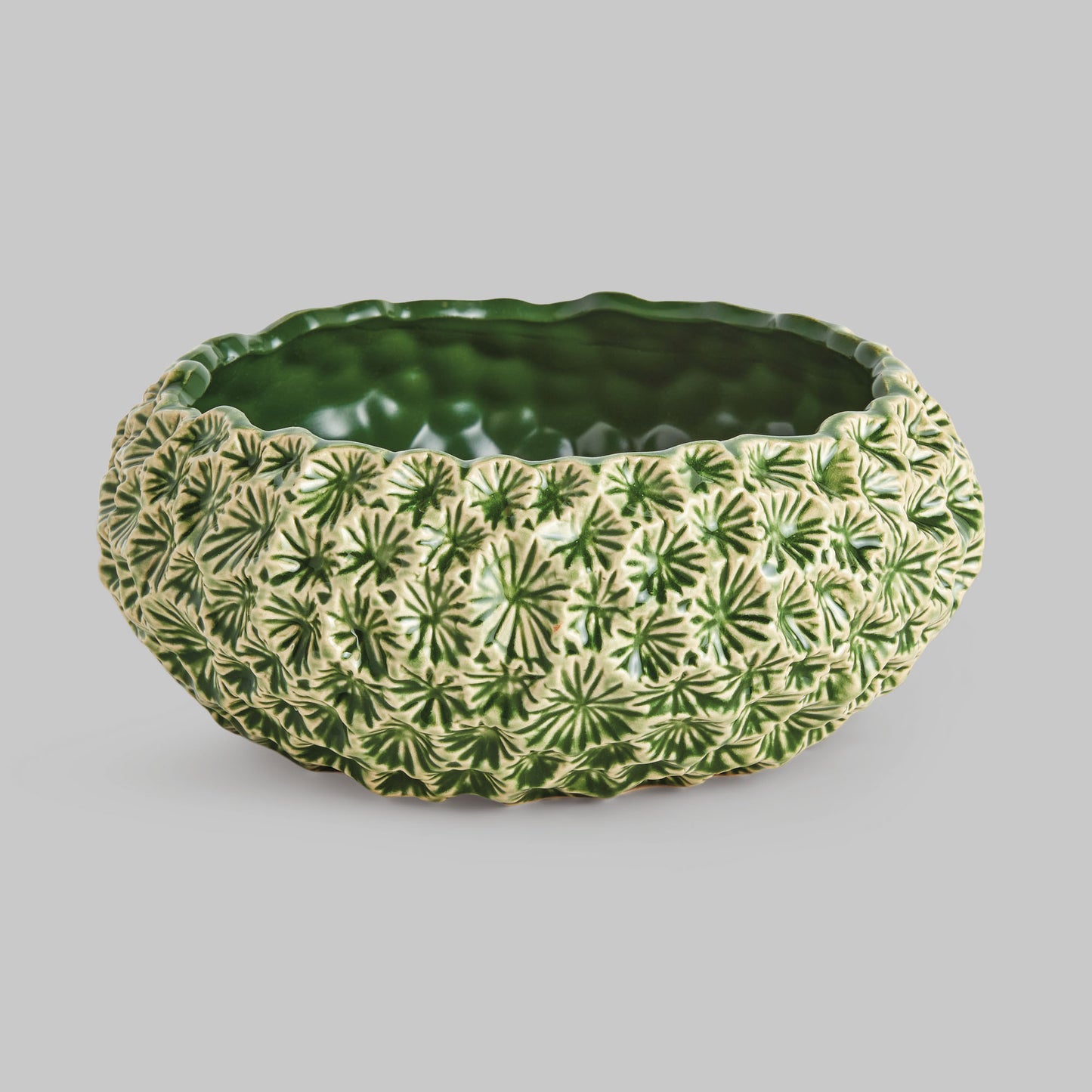 Small green floral embossed reactive glaze stoneware bowl - stylish home accent (Image1).