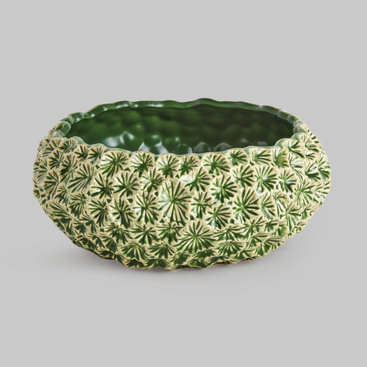 Small green floral embossed reactive glaze stoneware bowl - stylish home accent (Image1).