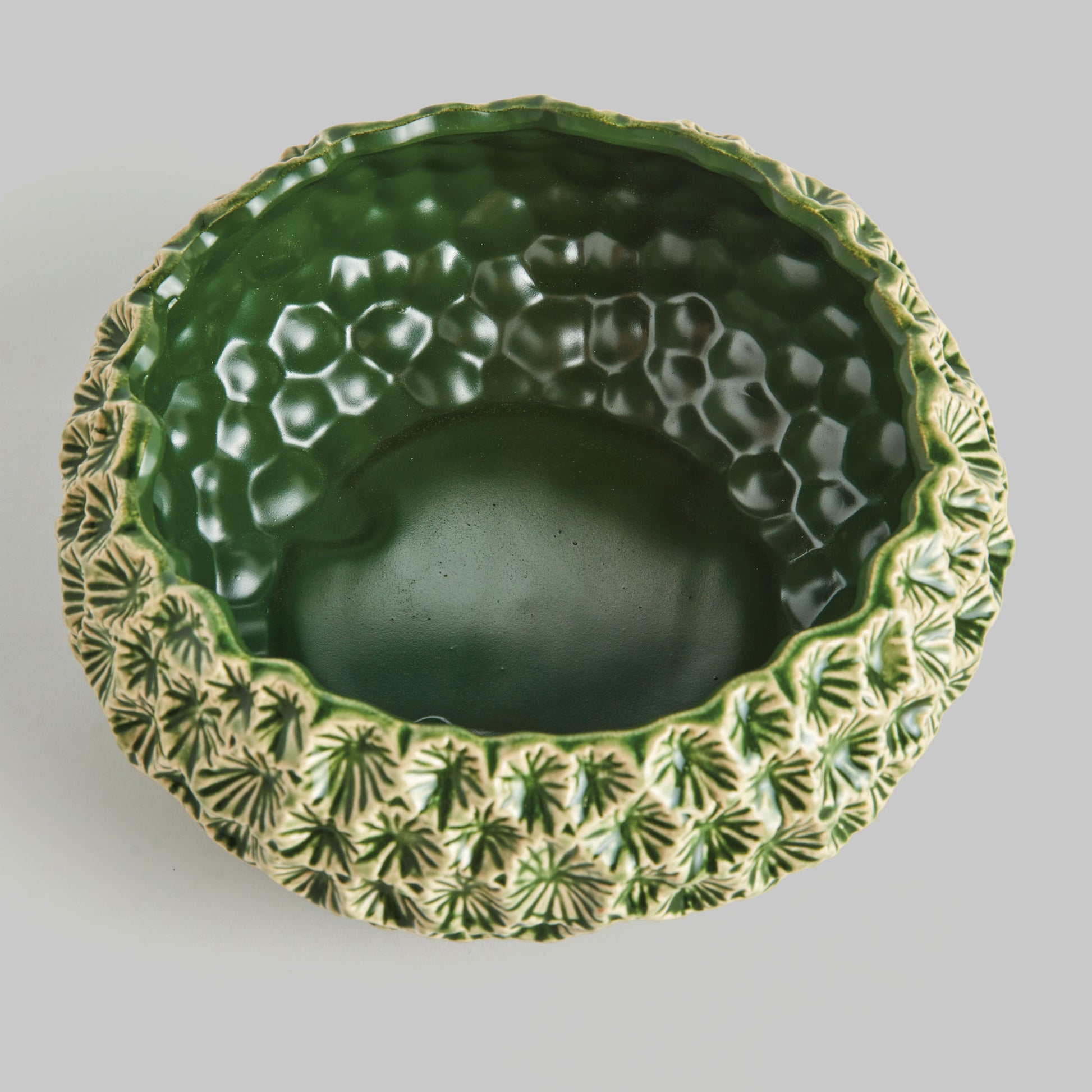 Small green floral embossed reactive glaze stoneware bowl - stylish home accent (Image3).