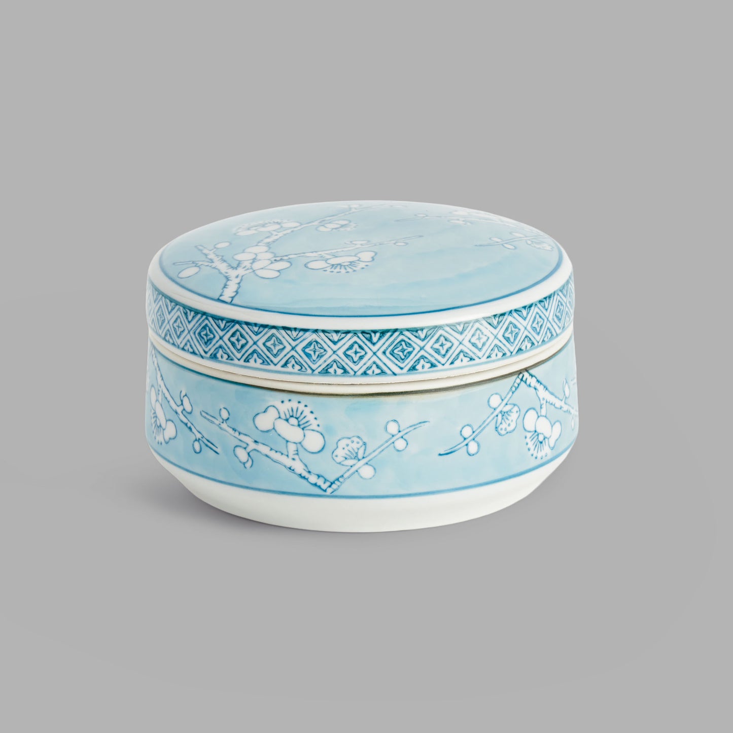 Small round light blue hand-painted porcelain lidded box - stylish home accent (Image1).