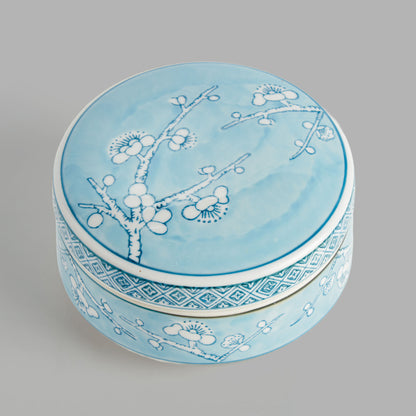 Small round light blue hand-painted porcelain lidded box - stylish home accent (Image5).