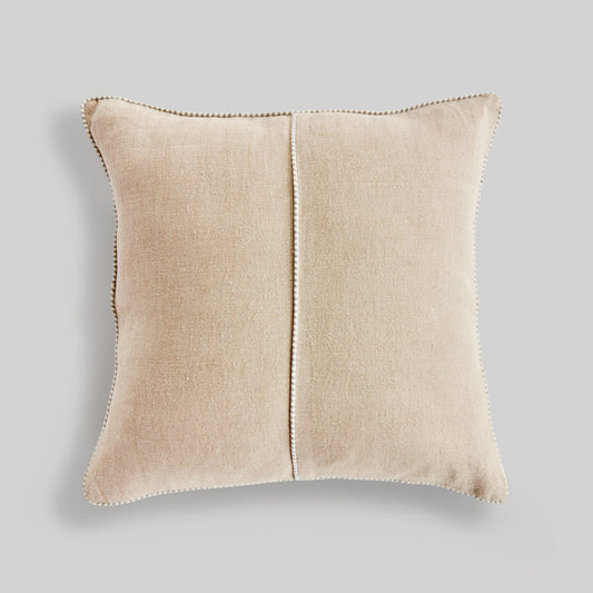 Tan with blue piping 24 inch linen pillow - stylish home accent (Image1).
