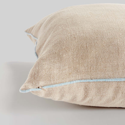 Tan with blue piping 24 inch linen pillow - stylish home accent (Image2).