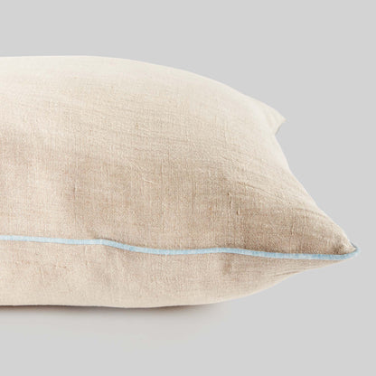 Tan with blue piping 24 inch linen pillow - stylish home accent (Image4).