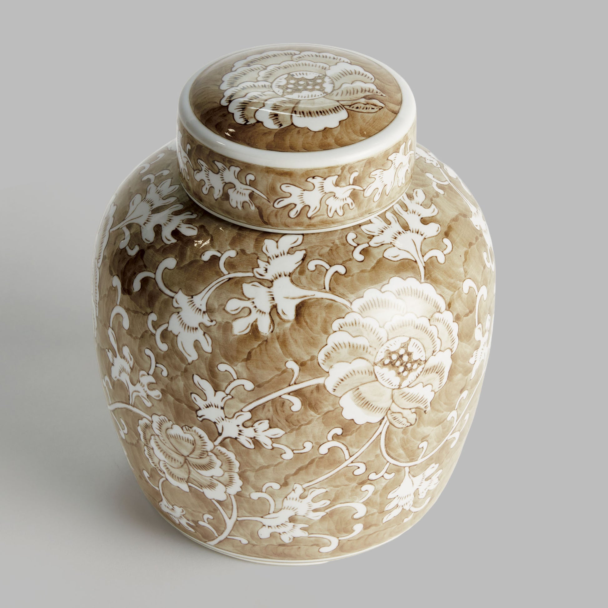 Taupe chinoiserie ceramic lidded jar - stylish home accent (Image2).
