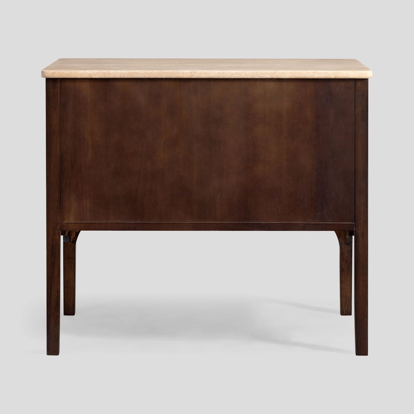 Wooden table with a travertine top and dark brown base on a white background