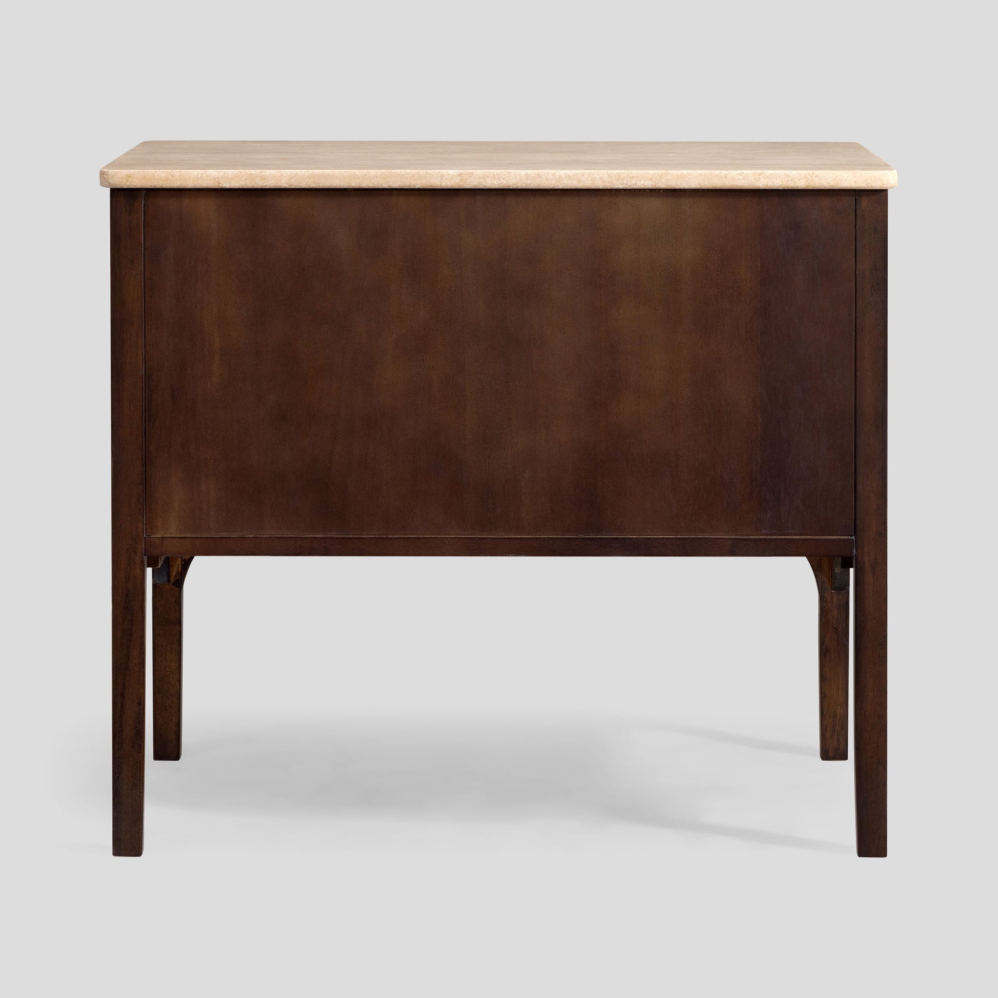 Wooden table with a travertine top and dark brown base on a white background