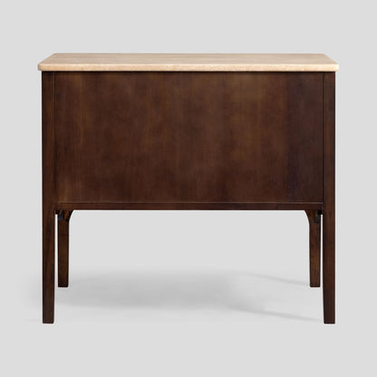 Wooden table with a travertine top and dark brown base on a white background