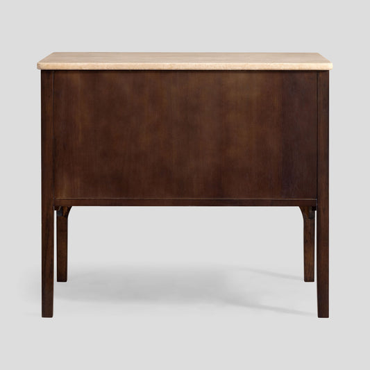 Wooden table with a travertine top and dark brown base on a white background