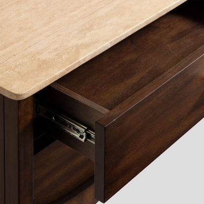 Wooden drawer with a travertine top on a white background