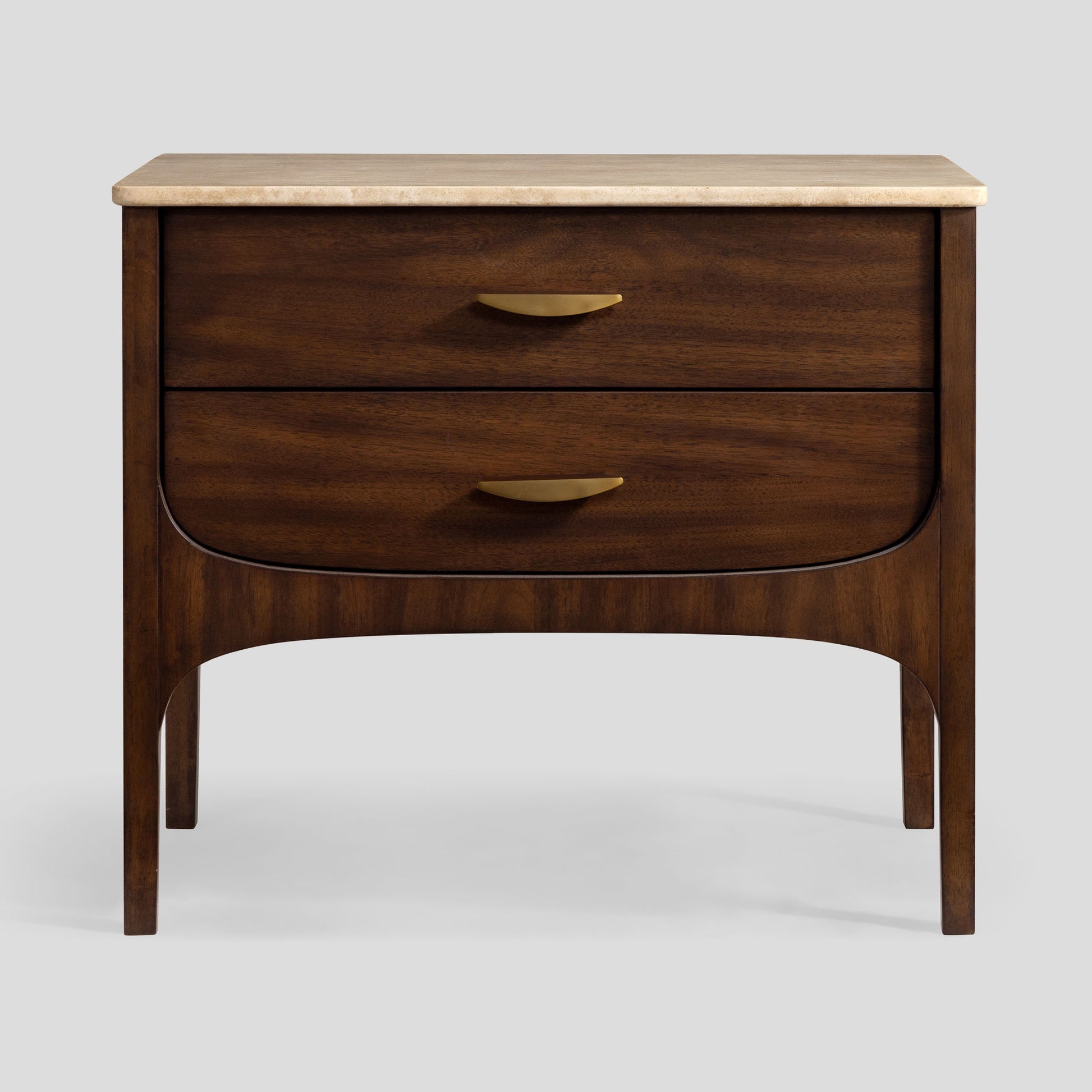 Wooden nightstand with two drawers on a light gray background
