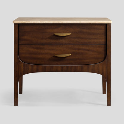 Wooden nightstand with two drawers on a light gray background