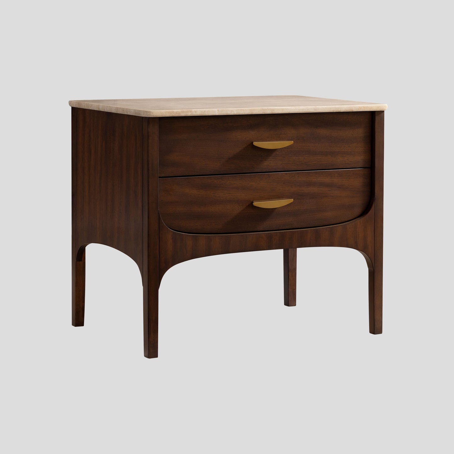 Wooden nightstand with two drawers on a light gray background