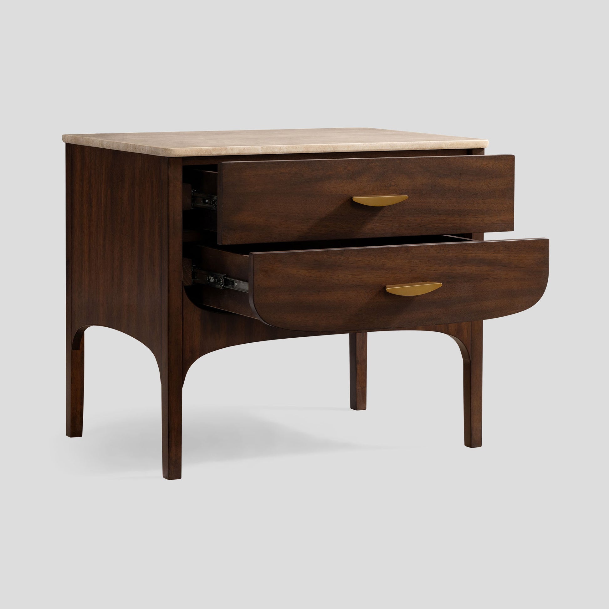 Wooden nightstand with two drawers on a light gray background