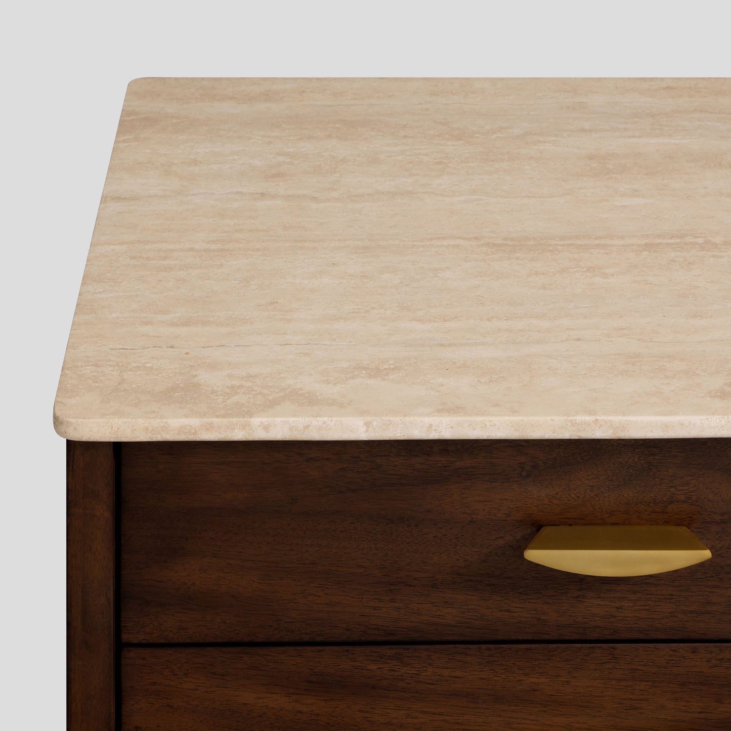 Wooden nightstand with a travertine top and dark wood base.