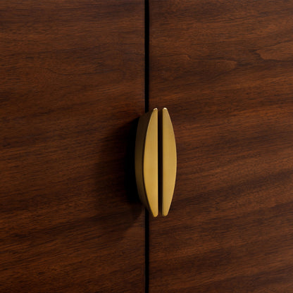 Gold cabinet handle on a wooden door