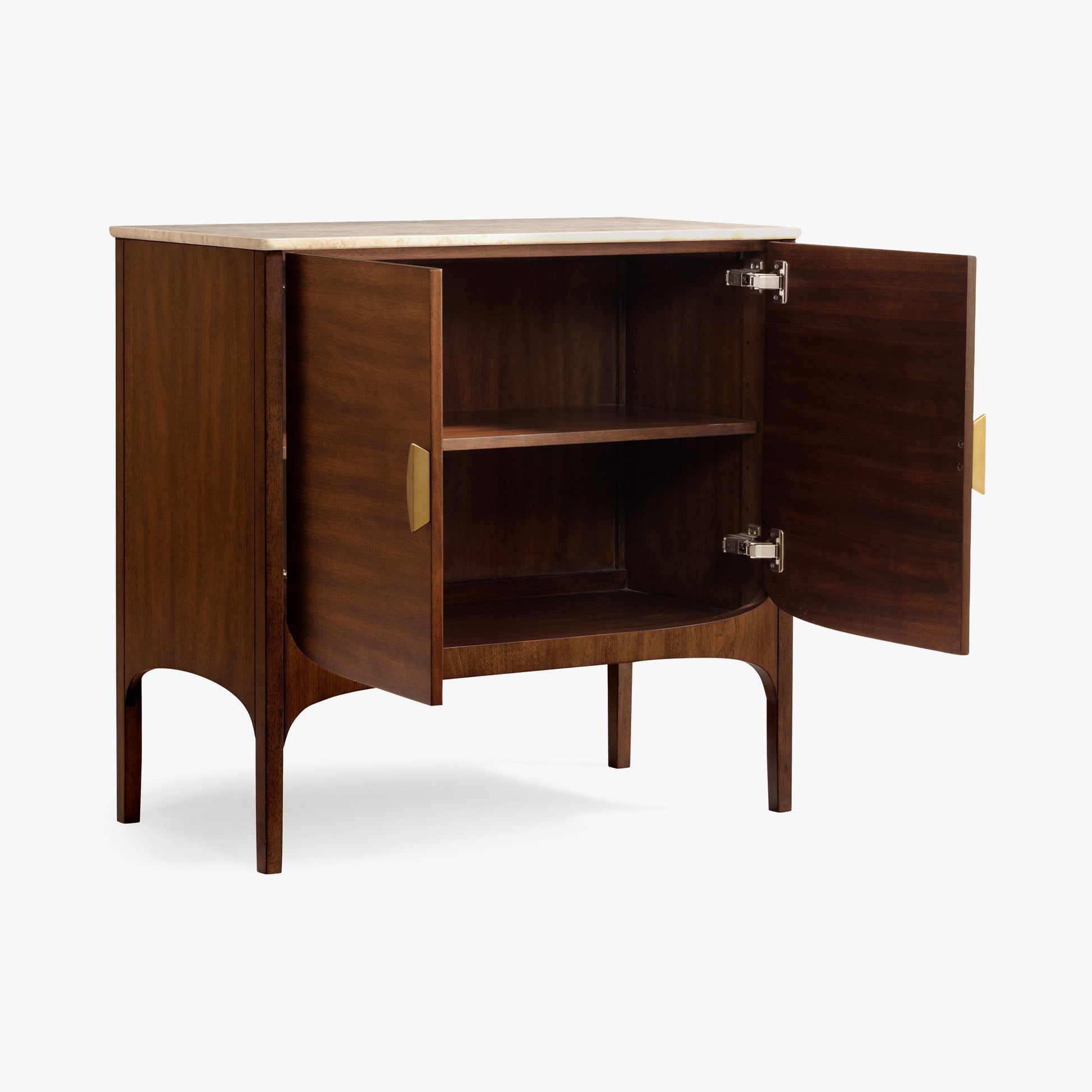 Wooden sideboard with open doors on a white background