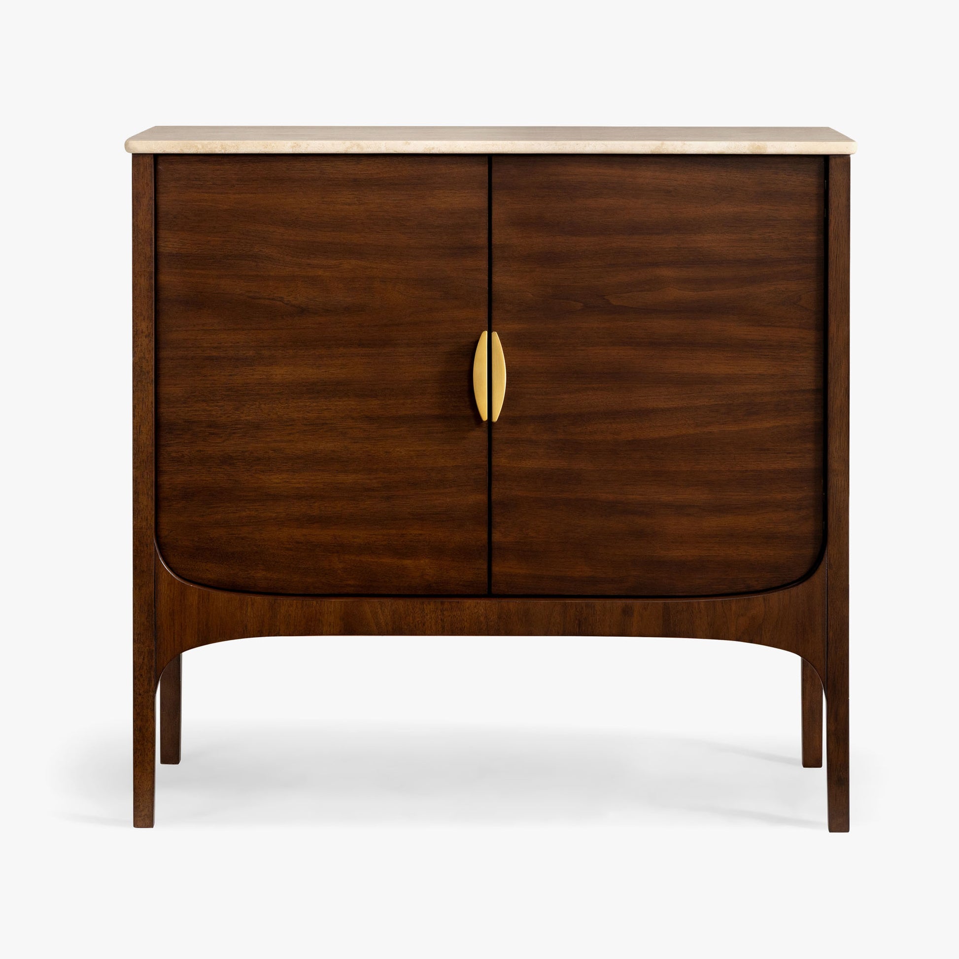 Wooden cabinet with two doors and a gold handle on a white background