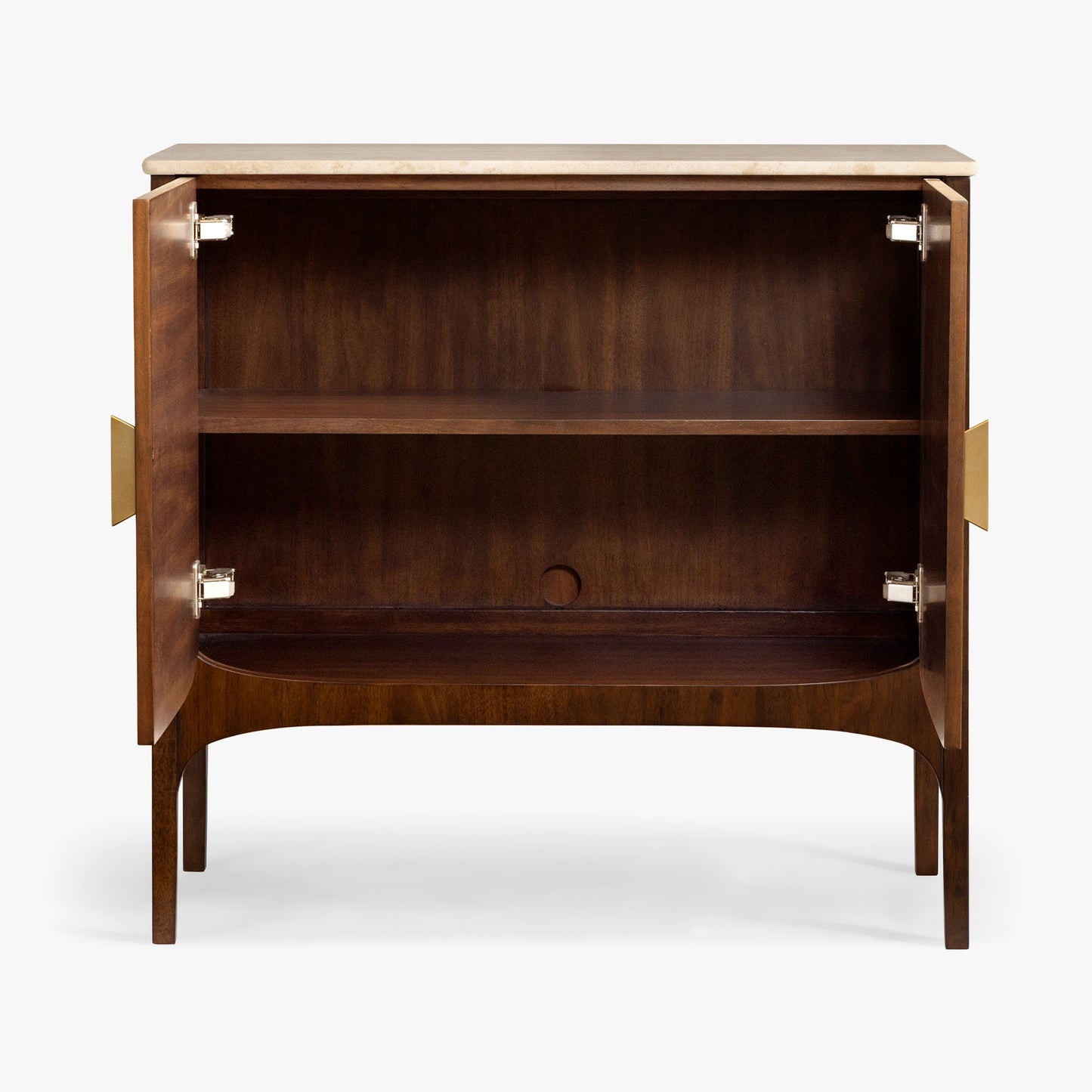 Wooden cabinet with open doors on a white background