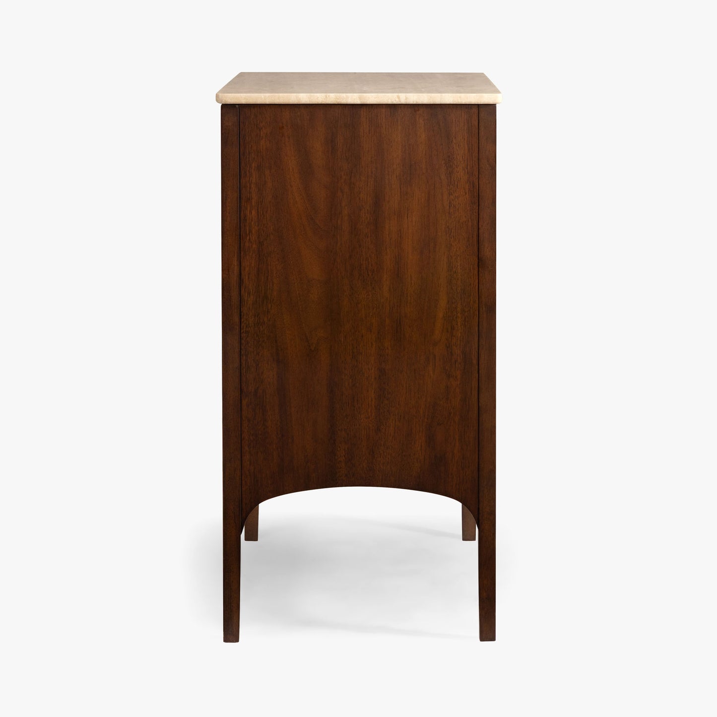 Wooden side table with a travertine top on a white background