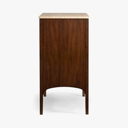 Wooden side table with a travertine top on a white background