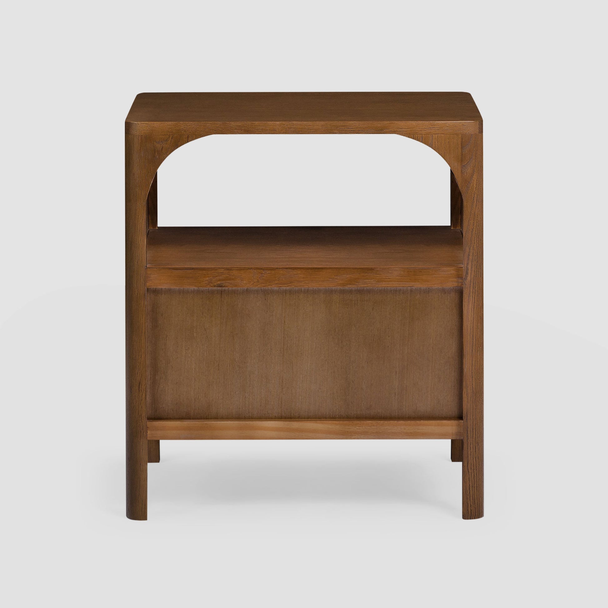 Wooden nightstand with a white shelf on a light gray background