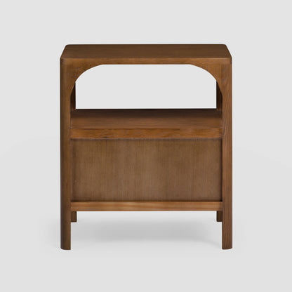 Wooden nightstand with a white shelf on a light gray background