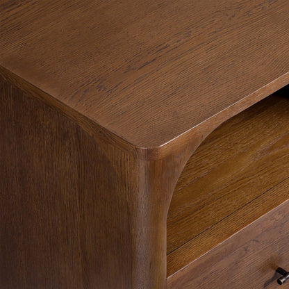 Close-up of a wooden nightstand with a smooth surface