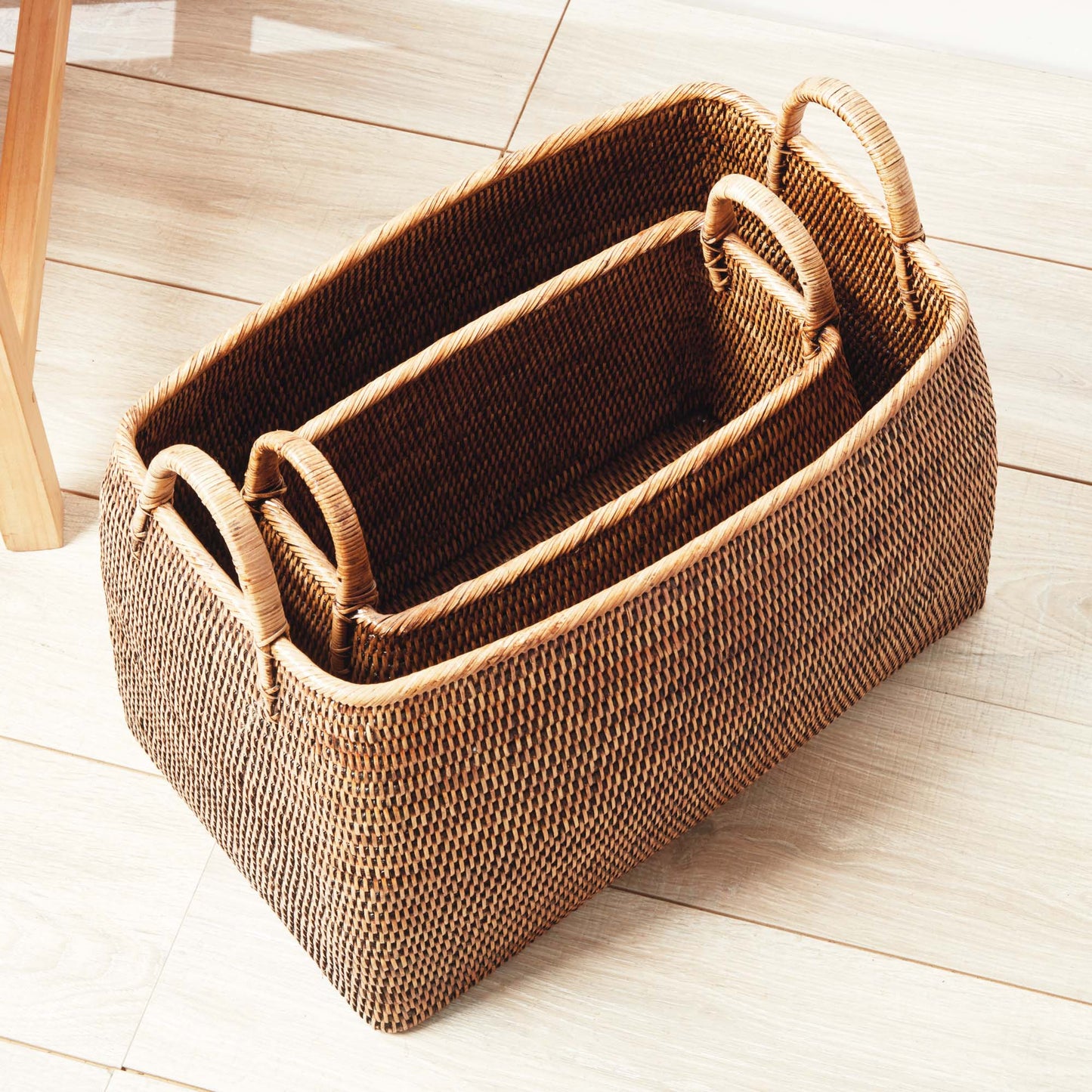 Warm brown rattan narrow magazine baskets (set of 2) - stylish home accent (Image2).