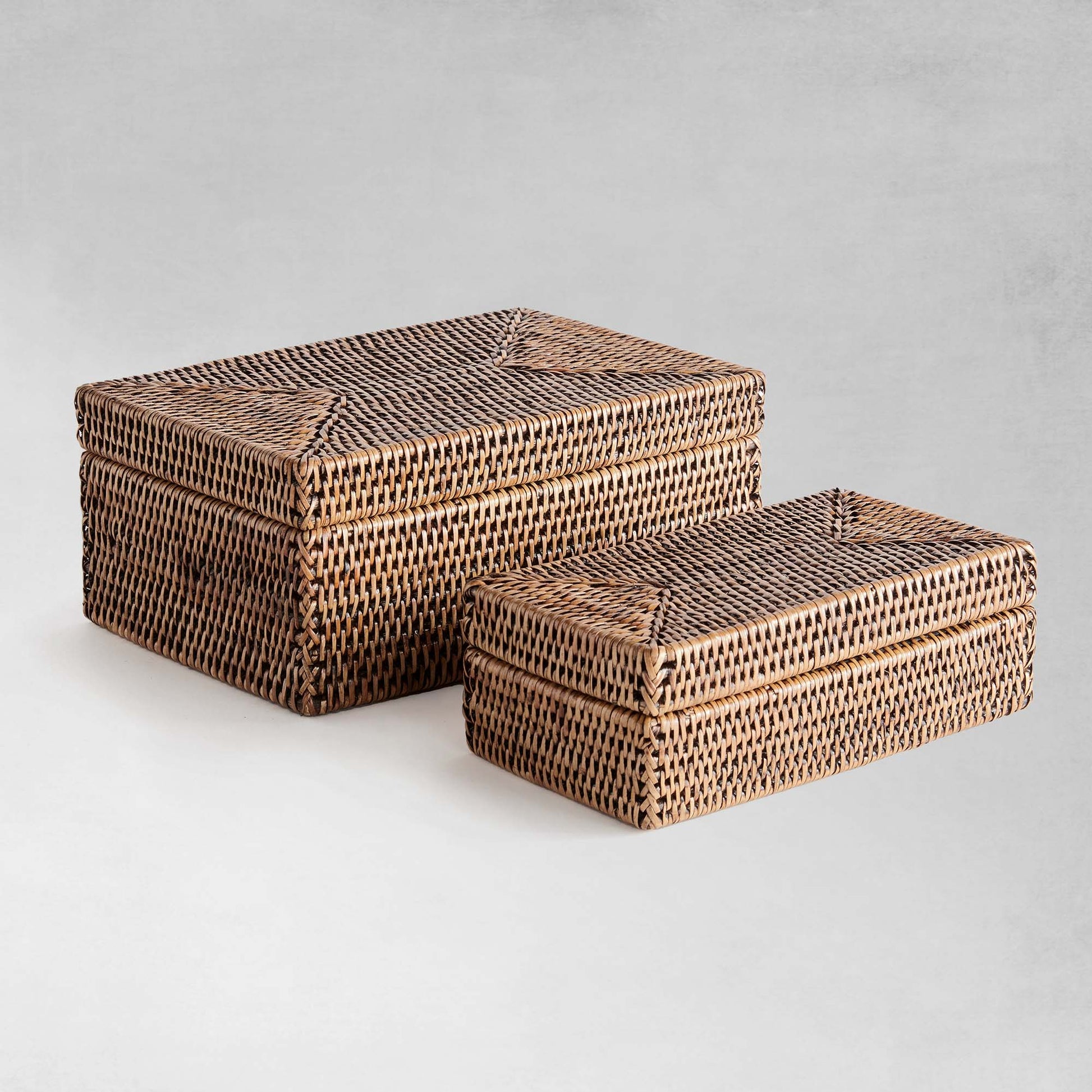 Warm brown rattan rectangular lidded boxes (set of 2) - stylish home accent (Image1).