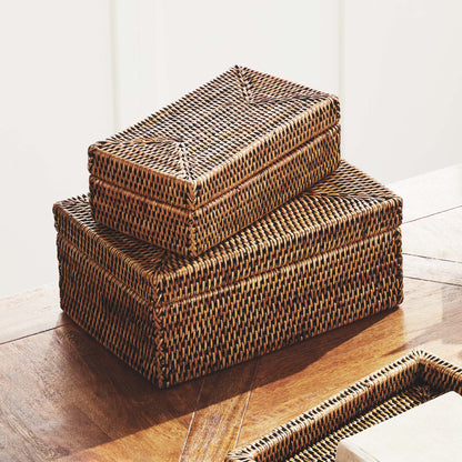 Warm brown rattan rectangular lidded boxes (set of 2) - stylish home accent (Image4).