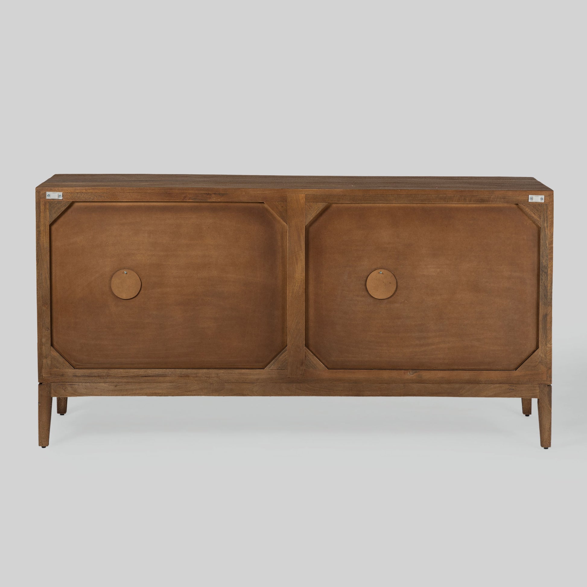 Wood sideboard with geometric pattern on a gray background.