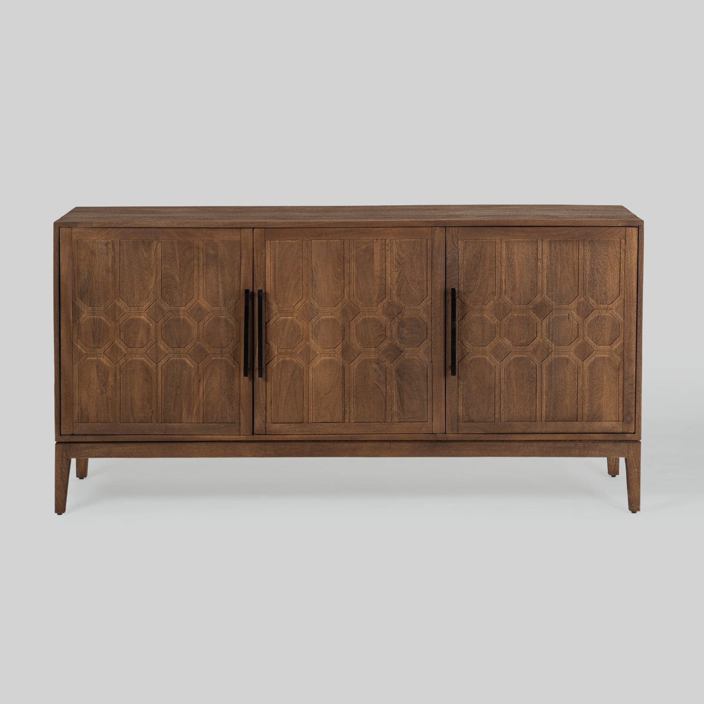 Wood sideboard with geometric pattern on a gray background.