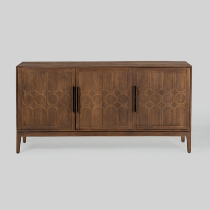 Wood sideboard with geometric pattern on a gray background.